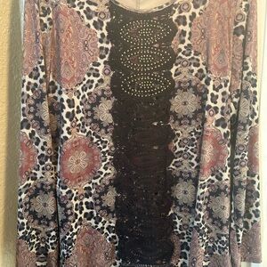 ONE WORLD Printed Boho Tunic with Black Crochet Panel -  plus over matching Jack
